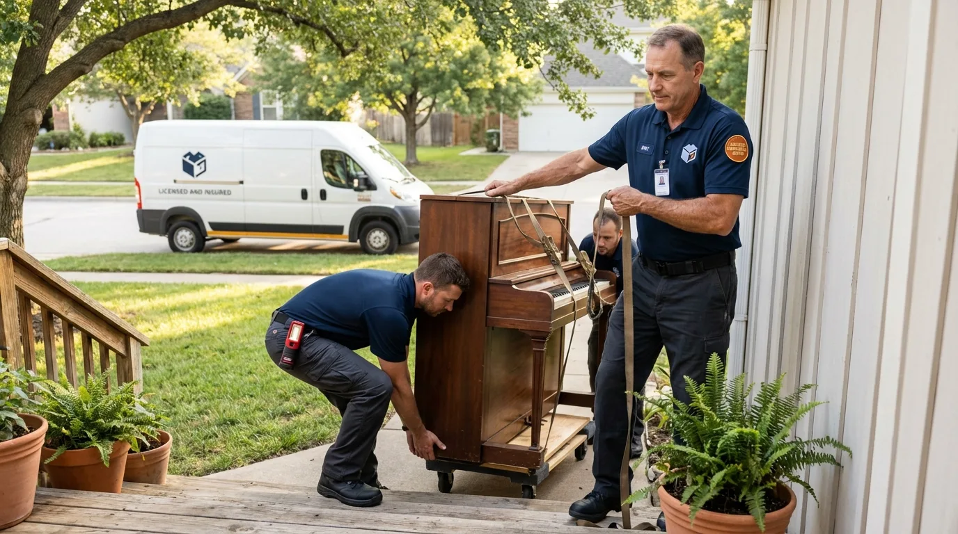Licensed piano movers securing grand piano in Freeburg, IL