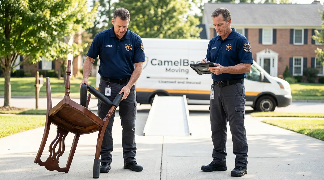 Movers inspecting furniture for damage prevention before loading in Freeburg, IL