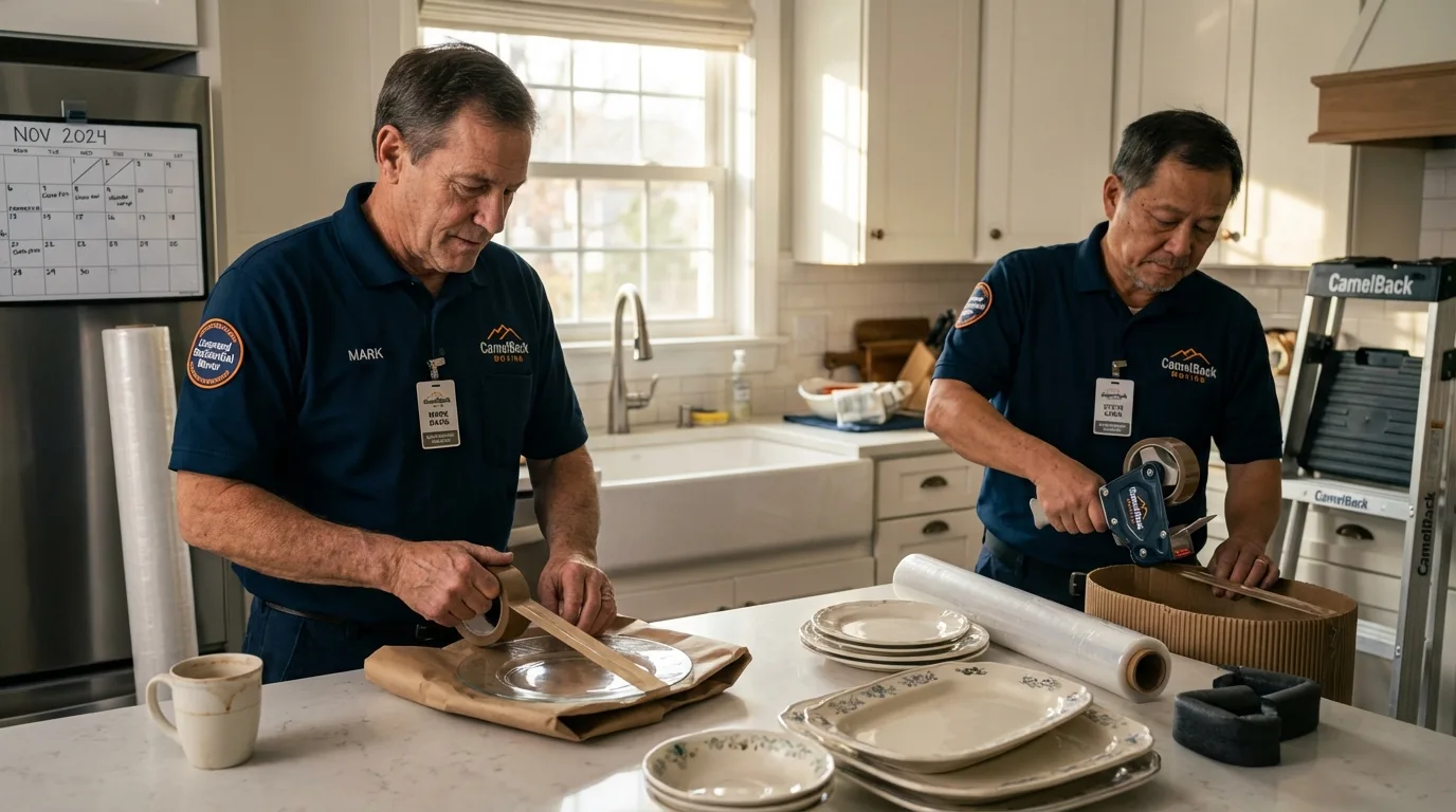 Professional crew packing kitchen dishware in Freeburg, IL